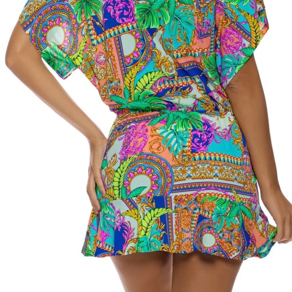 NWT Lulu Fama -Orange and Green Plunge Neck Flutter Sleeve Sundress - Picture 4 of 9